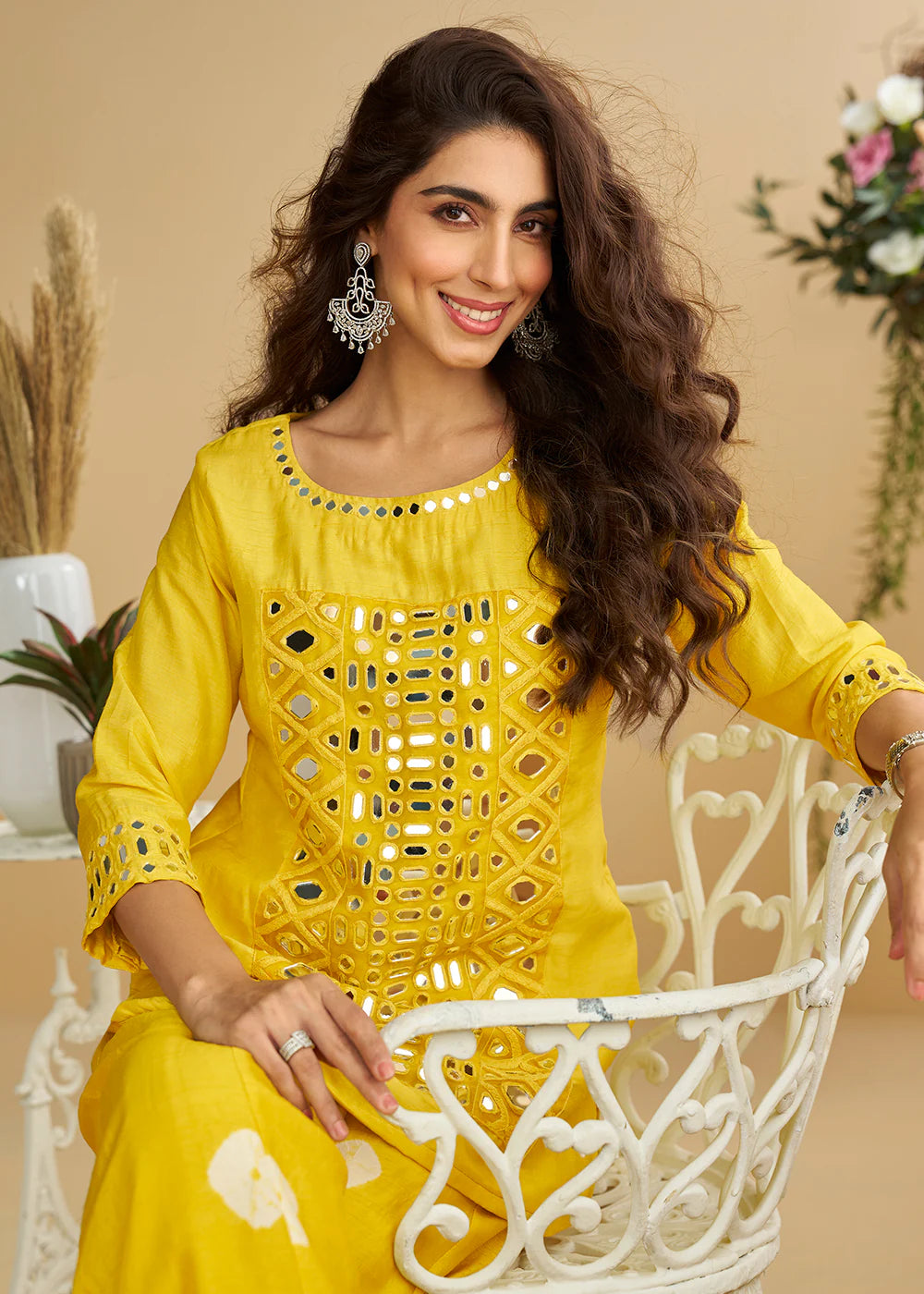 Yellow Premium Real Silk Mirror Work Palazzo Set