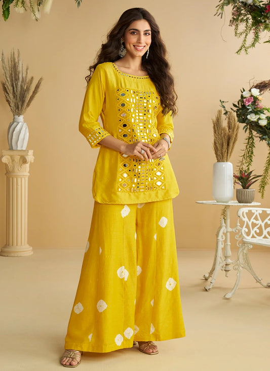 Yellow Premium Real Silk Mirror Work Palazzo Set