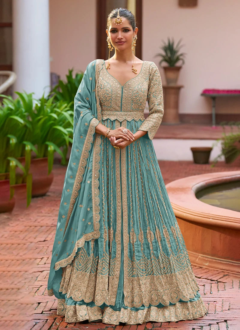 Designer Blue Embroidered Chinon Anarkali Gown with Dupatta