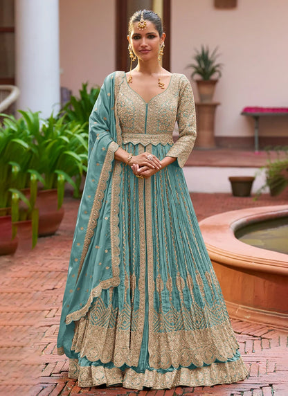 Designer Blue Embroidered Chinon Anarkali Gown with Dupatta