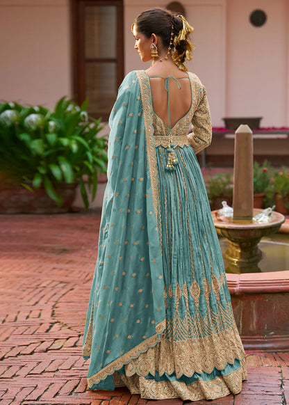 Designer Blue Embroidered Chinon Anarkali Gown with Dupatta