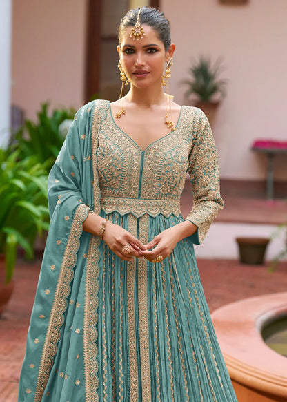 Designer Blue Embroidered Chinon Anarkali Gown with Dupatta