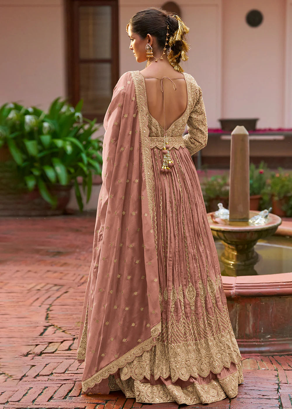 Designer Dusty Rose Embroidered Chinon Anarkali Gown with Dupatta