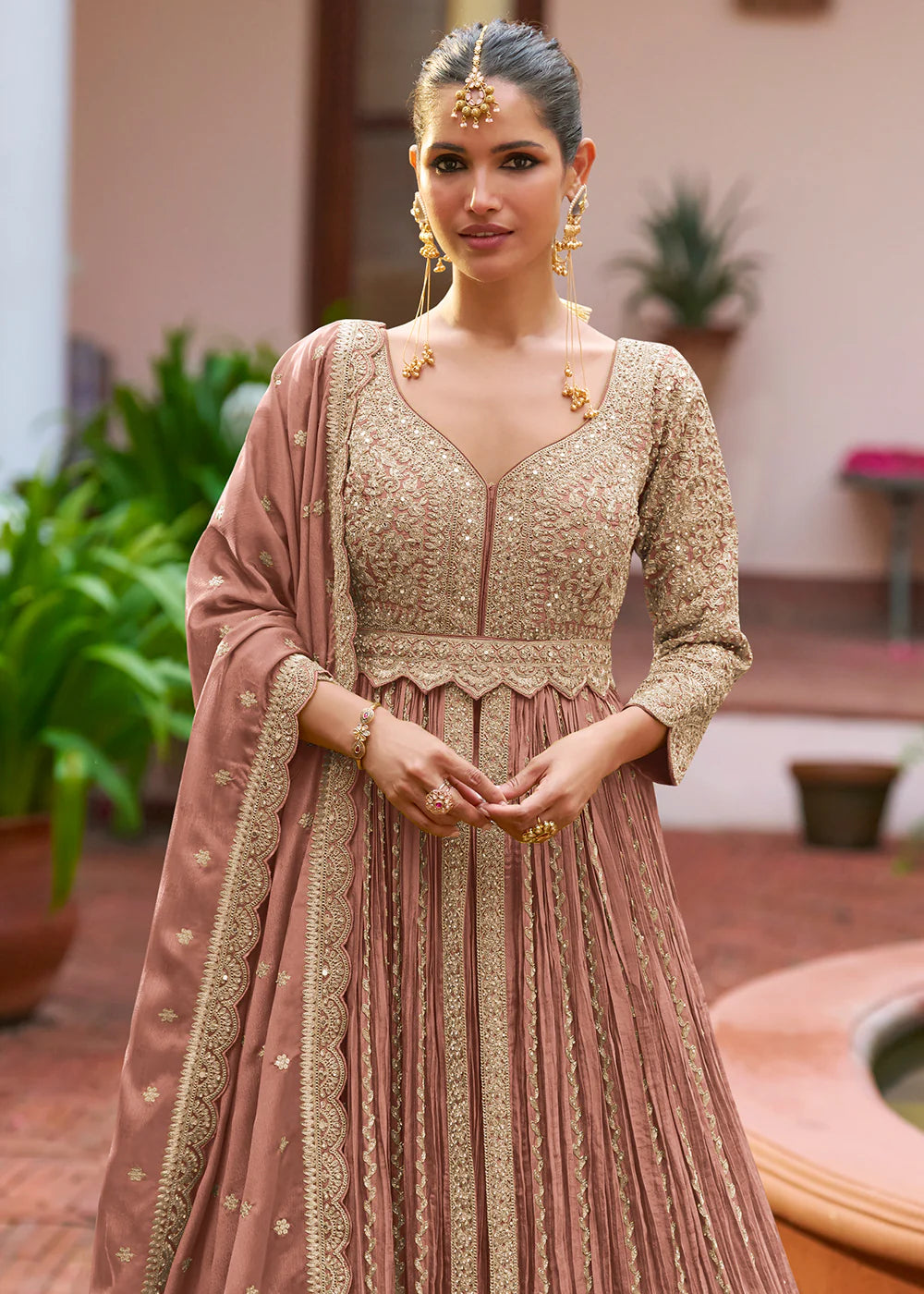 Designer Dusty Rose Embroidered Chinon Anarkali Gown with Dupatta