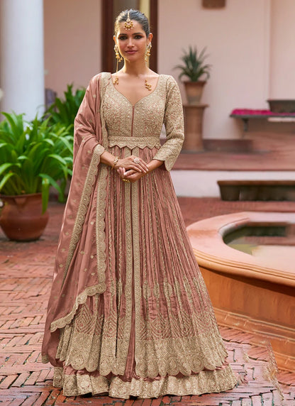 Designer Dusty Rose Embroidered Chinon Anarkali Gown with Dupatta