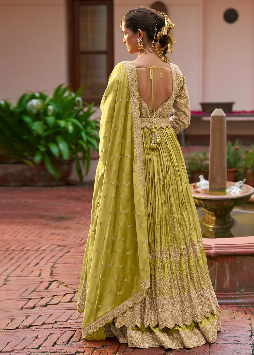 Designer Mehendi Green Embroidered Chinon Anarkali Gown with Dupatta