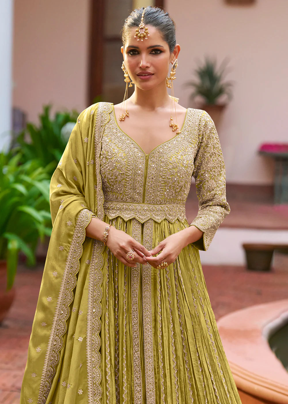 Designer Mehendi Green Embroidered Chinon Anarkali Gown with Dupatta