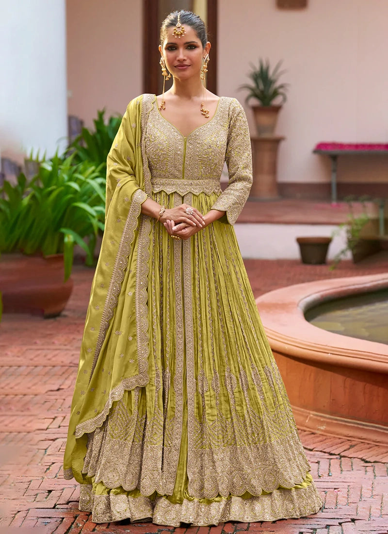 Designer Mehendi Green Embroidered Chinon Anarkali Gown with Dupatta