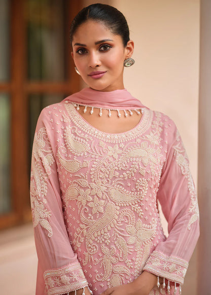 Designer Light Pink Embroidered Georgette Party Wear Suit with Dupatta