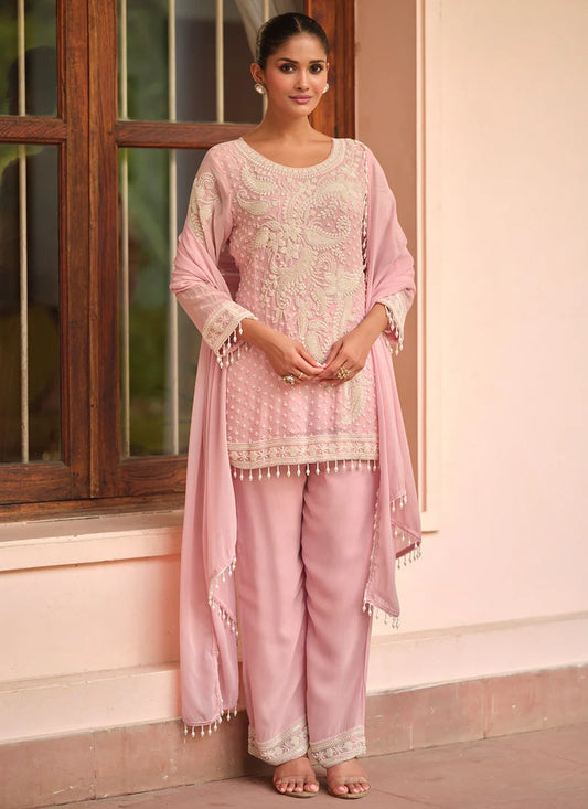 Designer Light Pink Embroidered Georgette Party Wear Suit with Dupatta