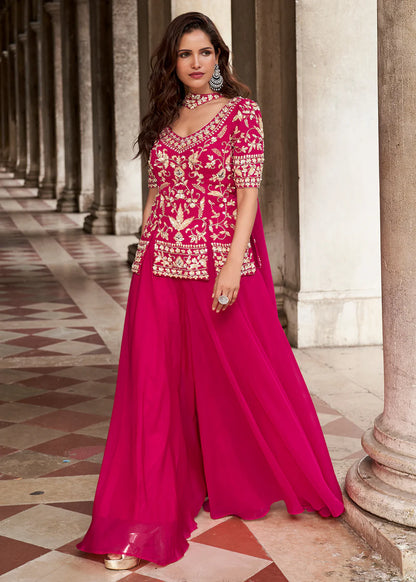 Designer Rani Pink Embroidered Indo Western Organza Silk Party Wear Plazzo Suit