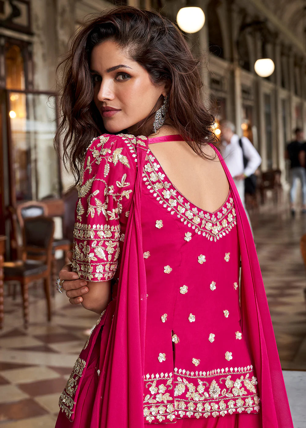 Designer Rani Pink Embroidered Indo Western Organza Silk Party Wear Plazzo Suit