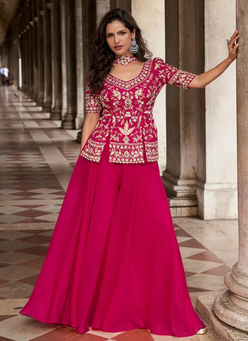 Designer Rani Pink Embroidered Indo Western Organza Silk Party Wear Plazzo Suit