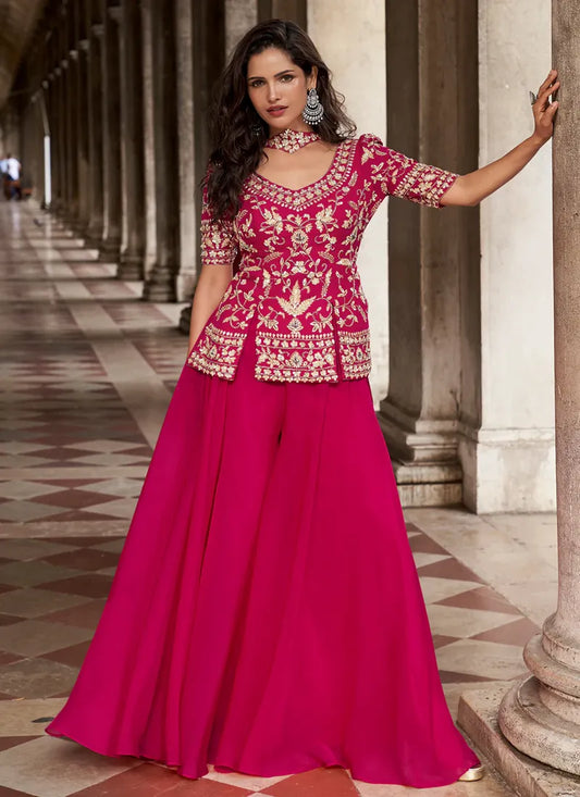 Designer Rani Pink Embroidered Indo Western Organza Silk Party Wear Plazzo Suit