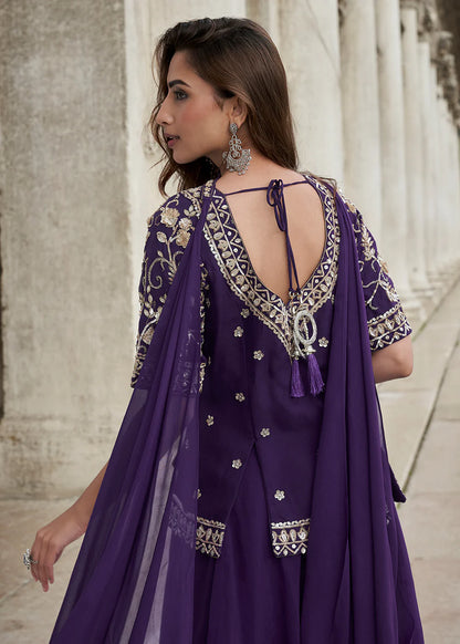 Designer Purple Embroidered Indo Western Organza Silk Party Wear Plaazo Suit