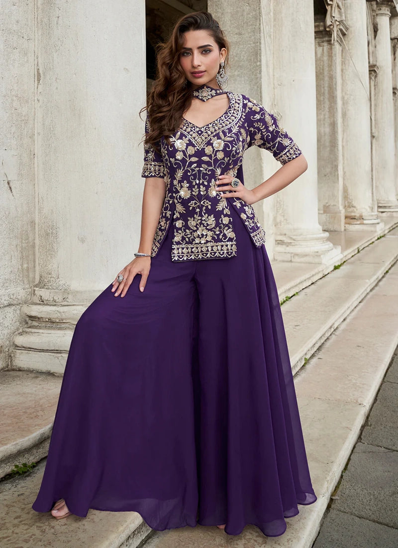 Designer Purple Embroidered Indo Western Organza Silk Party Wear Plaazo Suit