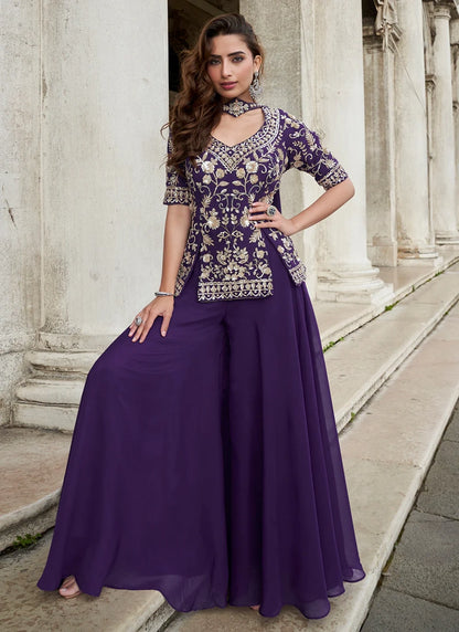 Designer Purple Embroidered Indo Western Organza Silk Party Wear Plaazo Suit