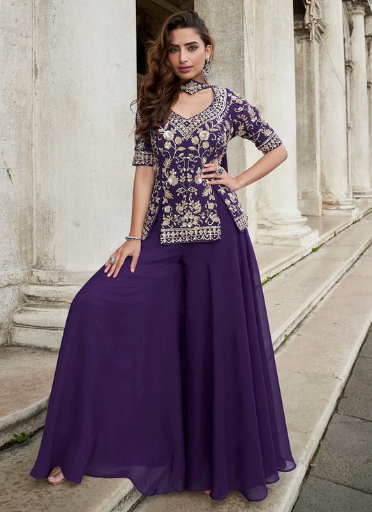 Designer Purple Embroidered Indo Western Organza Silk Party Wear Plaazo Suit