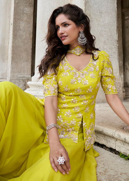 Designer Sunshine Yellow Embroidered Indo Western Organza Silk Party Wear Suit
