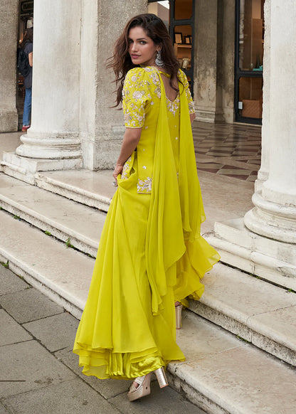 Designer Sunshine Yellow Embroidered Indo Western Organza Silk Party Wear Suit