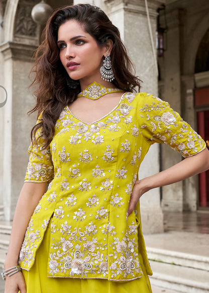 Designer Sunshine Yellow Embroidered Indo Western Organza Silk Party Wear Suit