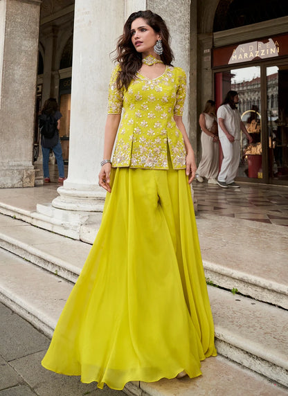 Designer Sunshine Yellow Embroidered Indo Western Organza Silk Party Wear Suit