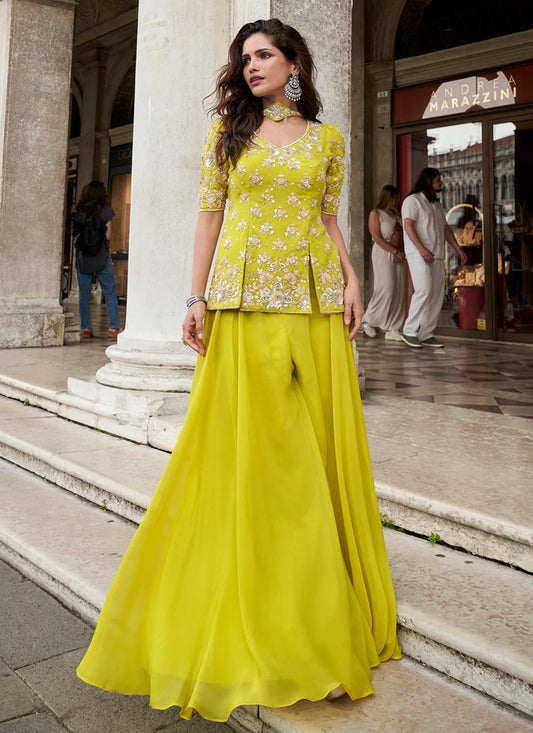 Designer Sunshine Yellow Embroidered Indo Western Organza Silk Party Wear Suit