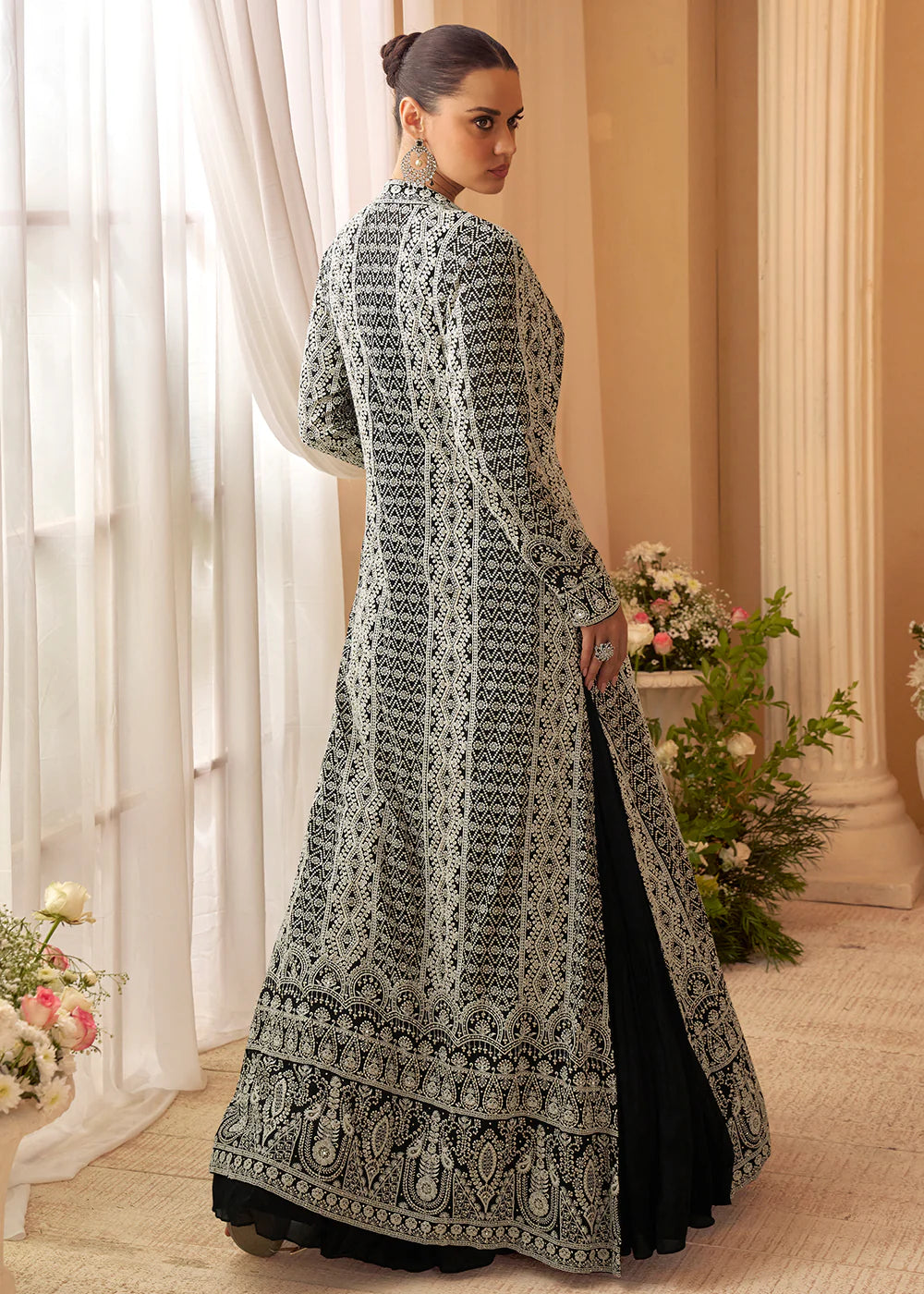 Designer Black Embroidered Indo Western Chinon Silk Jacket Style Gown