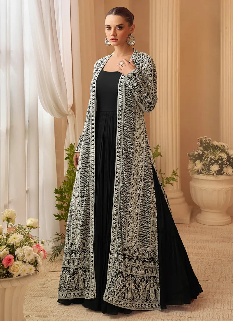 Designer Black Embroidered Indo Western Chinon Silk Jacket Style Gown