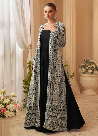 Designer Black Embroidered Indo Western Chinon Silk Jacket Style Gown