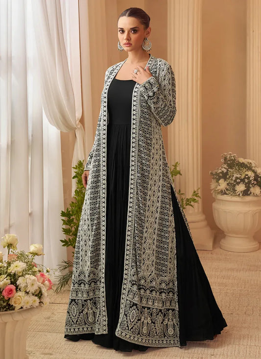 Designer Black Embroidered Indo Western Chinon Silk Jacket Style Gown
