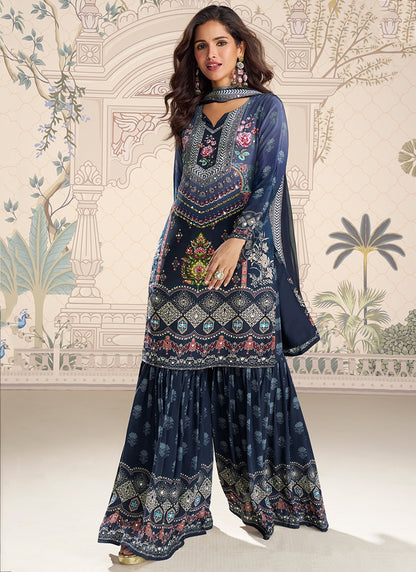 Designer Blue Embroidered Crepe Silk Mirror Work Gharara Suit
