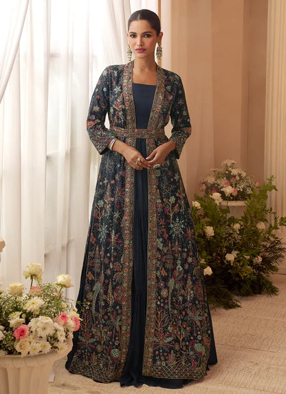Designer Navy Blue Embroidered Indo Western Chinon Silk Jacket Style Gown