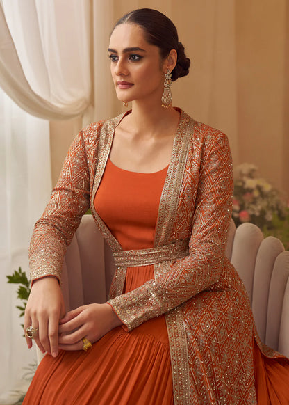 Designer Orange Embroidered Indo Western Chinon Silk Jacket Style Gown