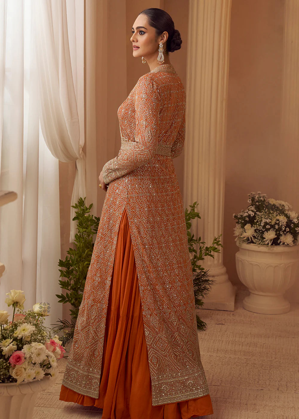 Designer Orange Embroidered Indo Western Chinon Silk Jacket Style Gown