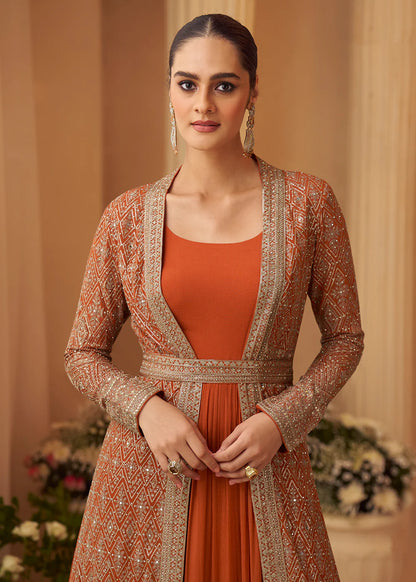 Designer Orange Embroidered Indo Western Chinon Silk Jacket Style Gown