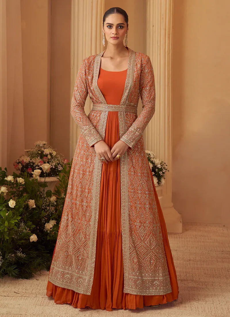 Designer Orange Embroidered Indo Western Chinon Silk Jacket Style Gown