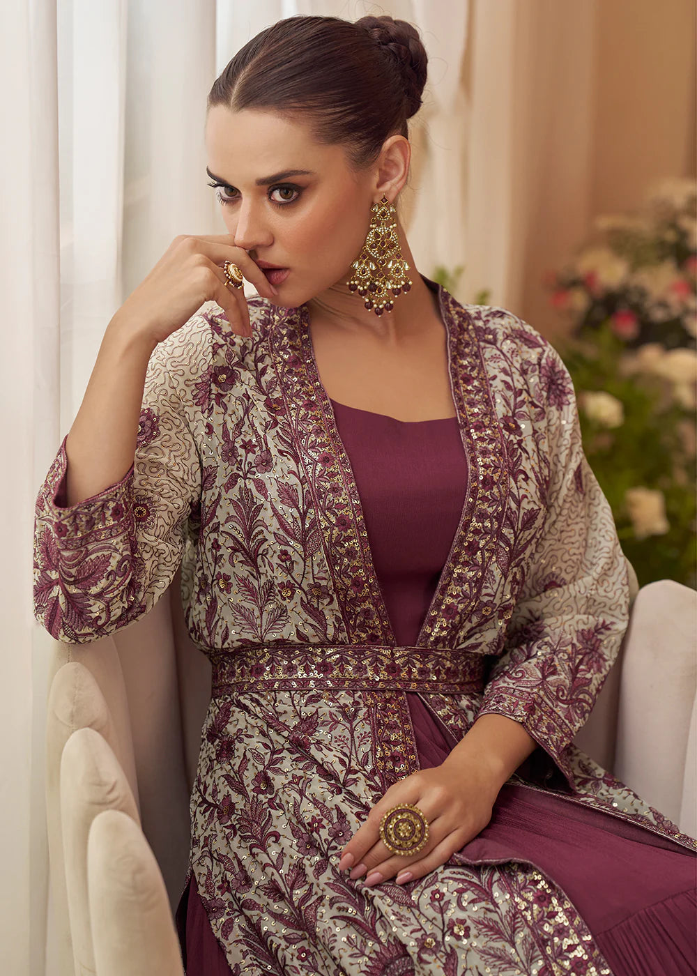 Designer Mauve Embroidered Indo Western Chinon Silk Jacket Style Gown