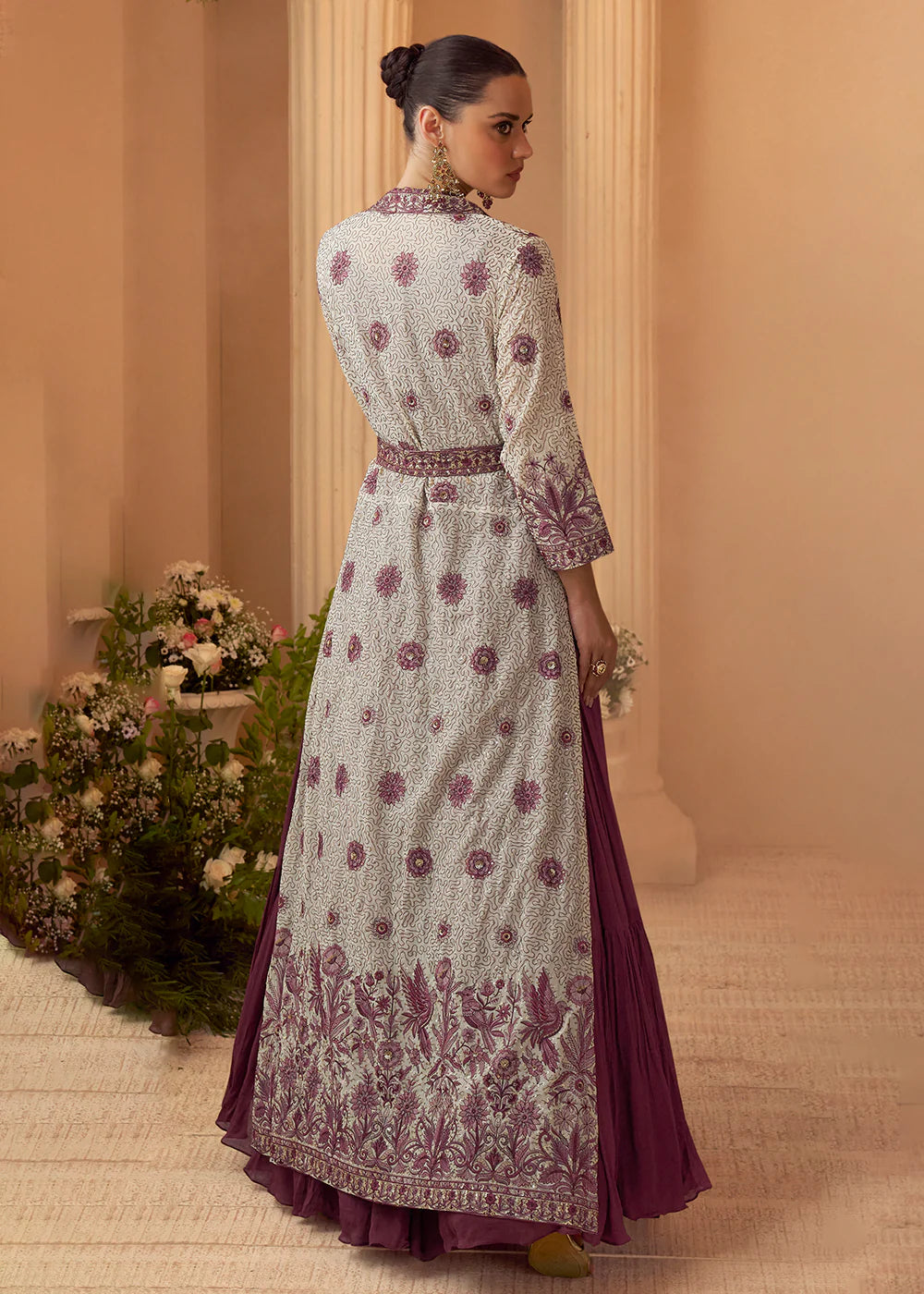 Designer Mauve Embroidered Indo Western Chinon Silk Jacket Style Gown