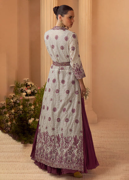Designer Mauve Embroidered Indo Western Chinon Silk Jacket Style Gown