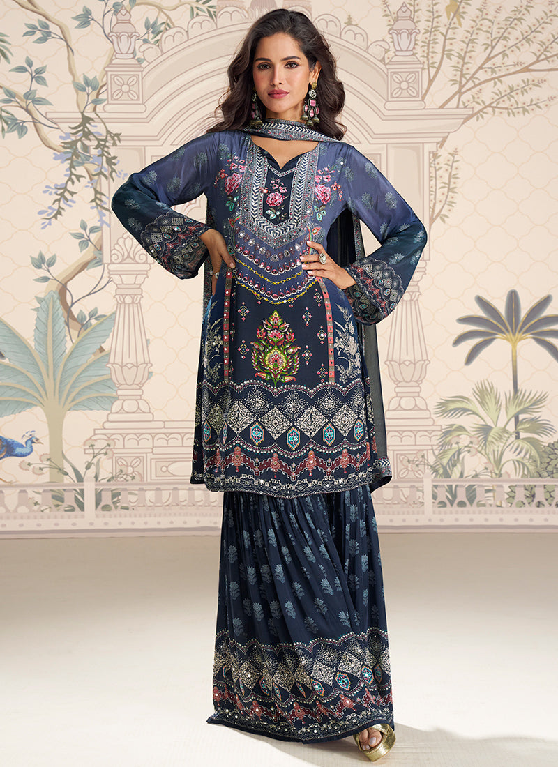 Designer Blue Embroidered Crepe Silk Mirror Work Gharara Suit