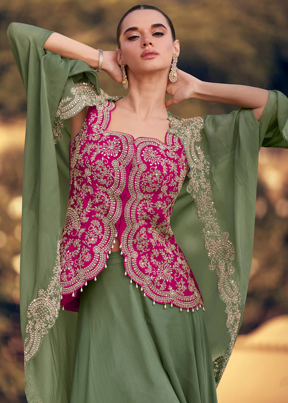 Designer Olive Green and Pink Chinon Cape Style Palazzo Suit with Embroidery