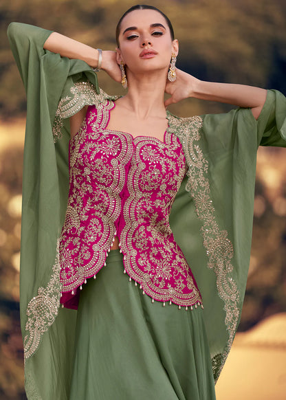 Designer Olive Green and Pink Chinon Cape Style Palazzo Suit with Embroidery