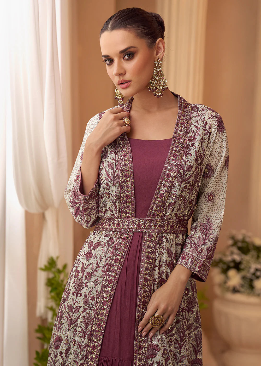 Designer Mauve Embroidered Indo Western Chinon Silk Jacket Style Gown