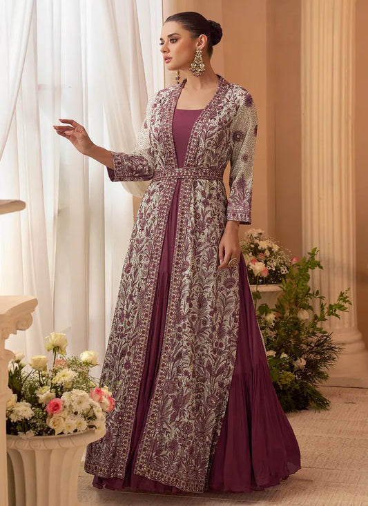 Designer Mauve Embroidered Indo Western Chinon Silk Jacket Style Gown