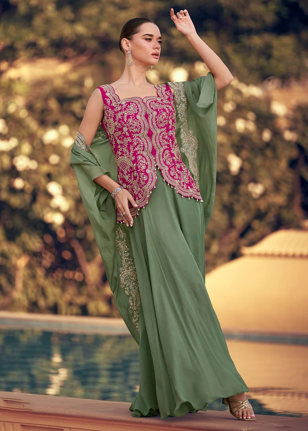 Designer Olive Green and Pink Chinon Cape Style Palazzo Suit with Embroidery