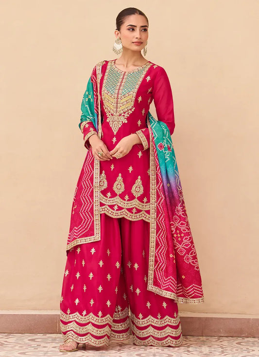 Designer Rani Pink Embroidered Chinon Silk Palazzo Suit