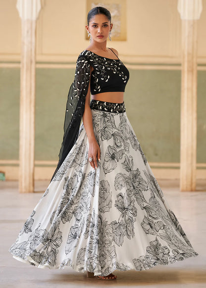 Designer Black & White Embroidered Indo Western Chinon Silk Lehenga