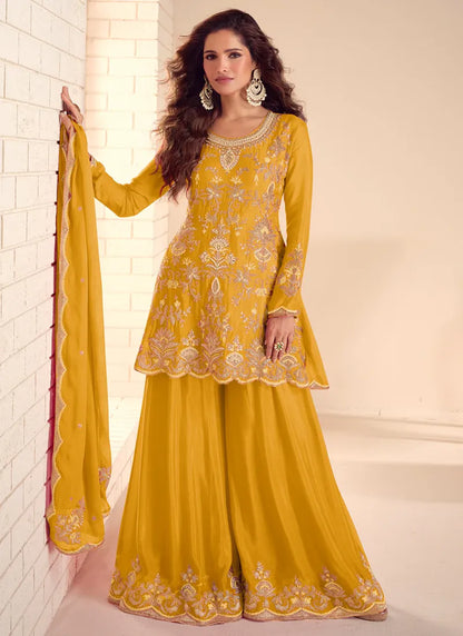 Designer Mustard Yellow Embroidered Chinon Sharara Suit