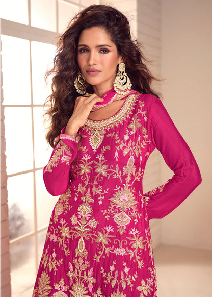 Designer Rani Pink Embroidered Chinon Sharara Suit